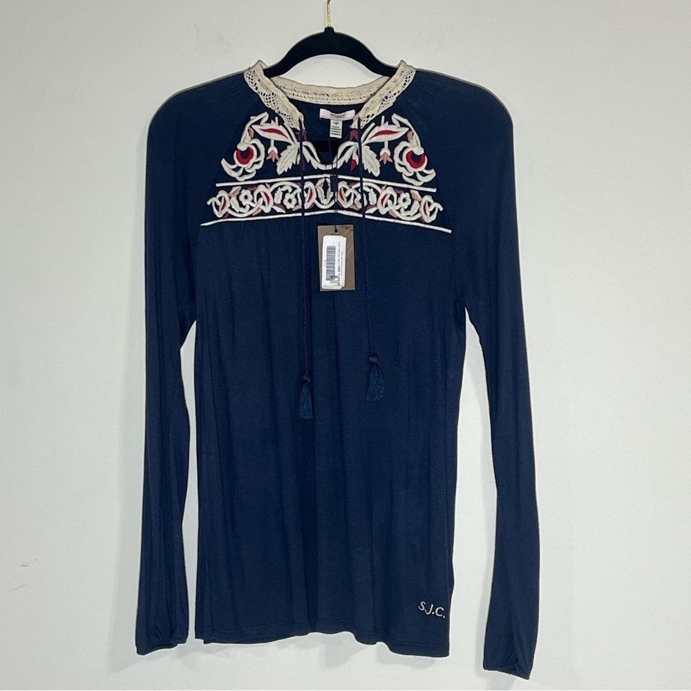 Silver Jeans Co Girls Long Sleeve Embroidery Tassels Lace Trim Neck Navy Size 12